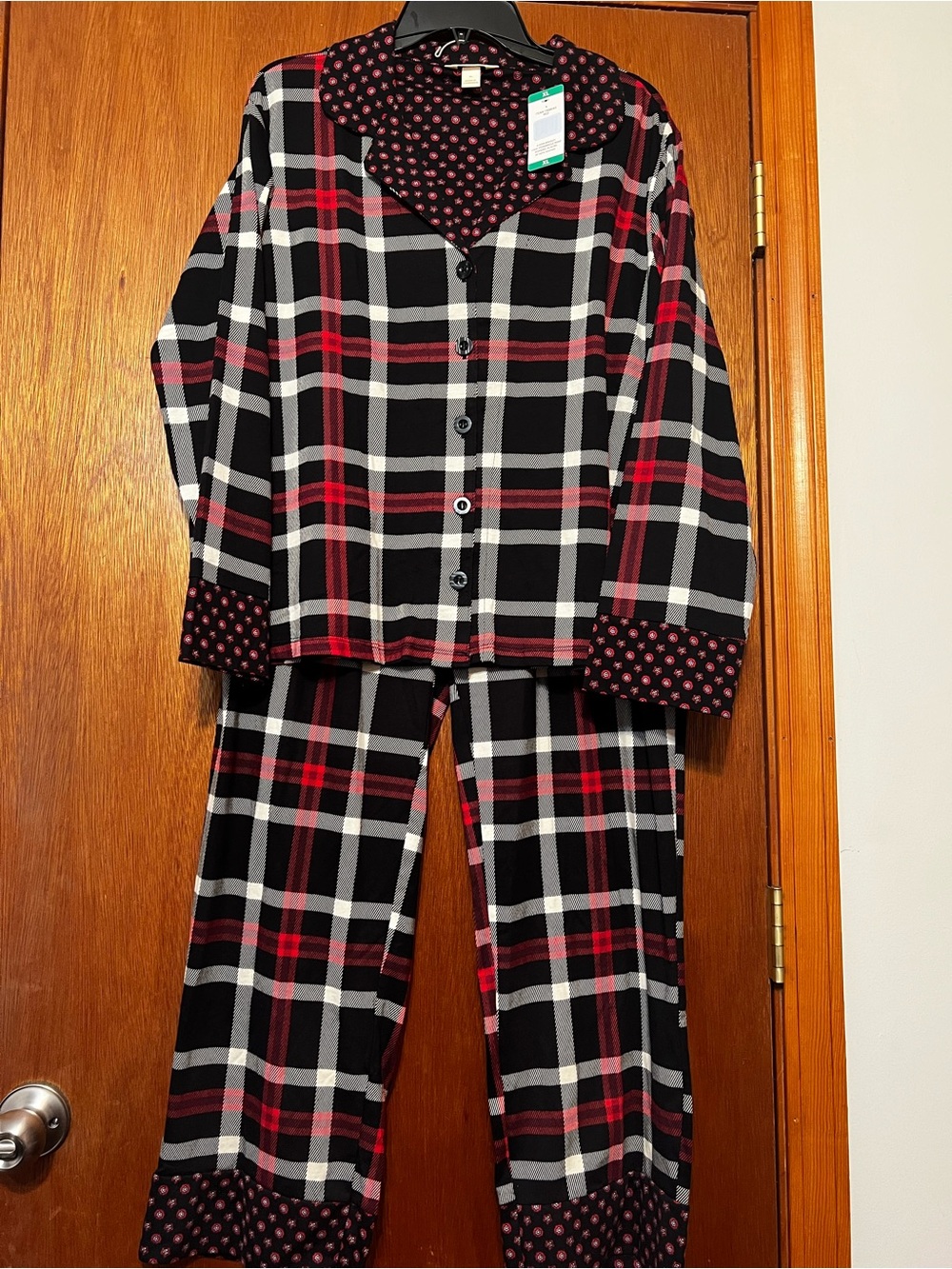 Vera Bradley Black, Red & White Plaid Women’s Pajama Set with Floral Trim.